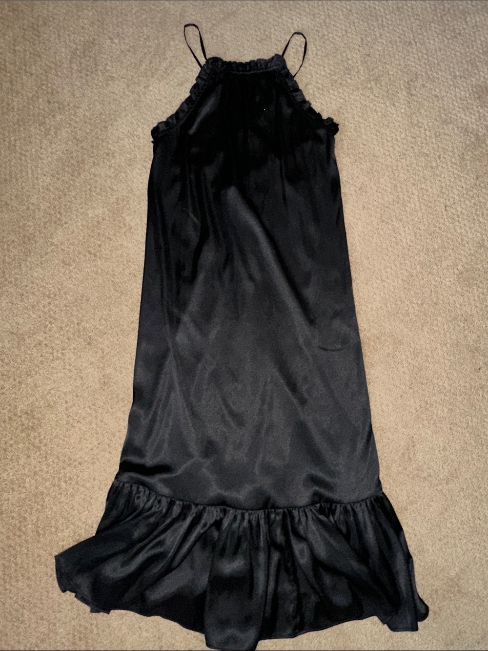 Black Satin Maxi Slip Dress with Ruffle Hem